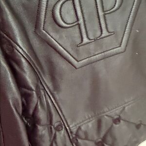 Philipp Plein Black Leather Jacket with Silver Nameplate